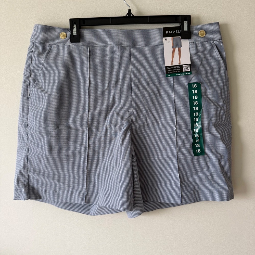 Rafaella Women's Pintuck Blue White Striped Stretch Shorts Gold Button Size 18